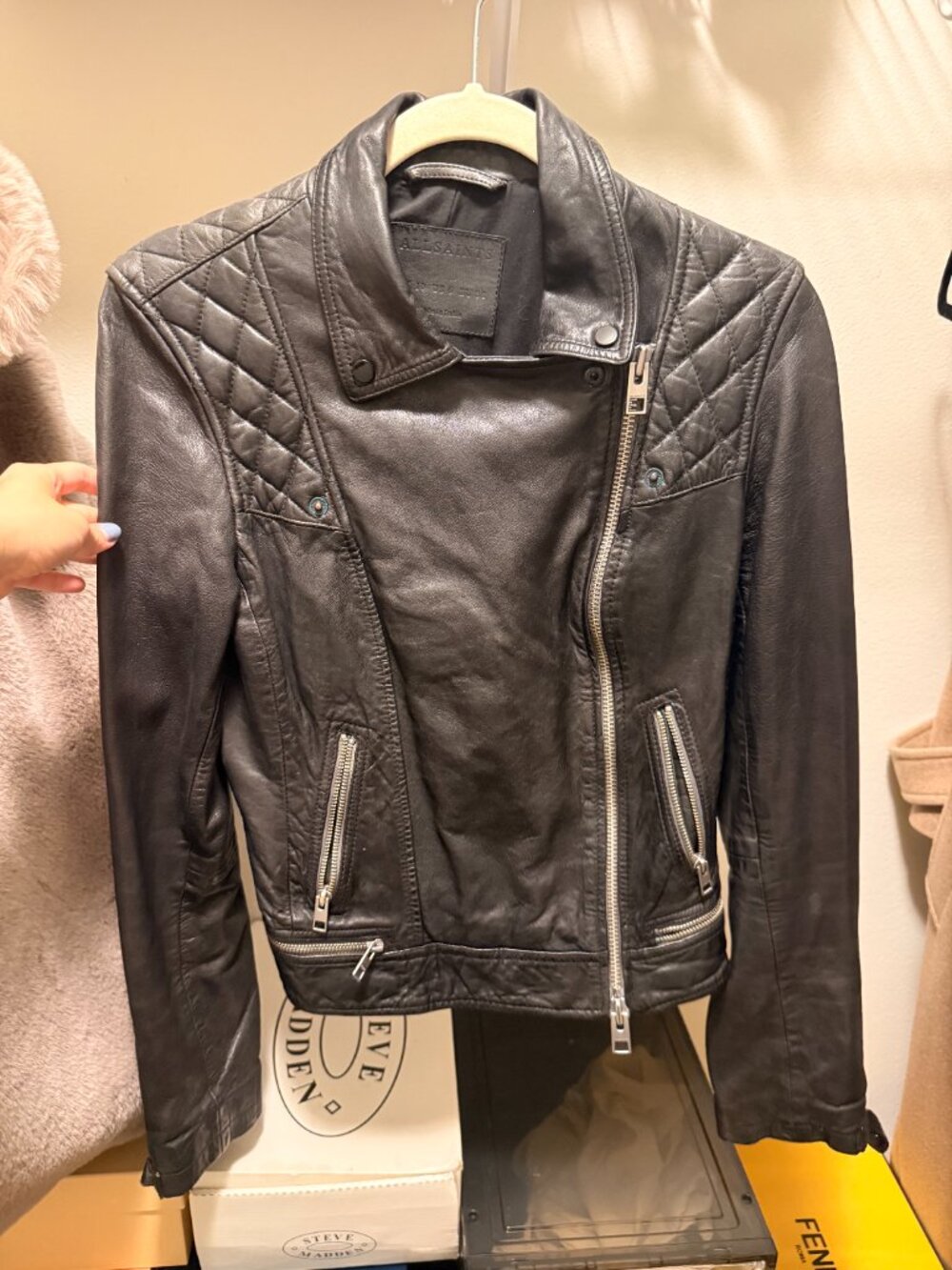 AllSaints Cargo Distressed Leather Biker Jacket - Picture 3 of 8